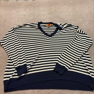 Joe Fresh Navy & Cream Striped V-Neck Sweater – Size XL 0600